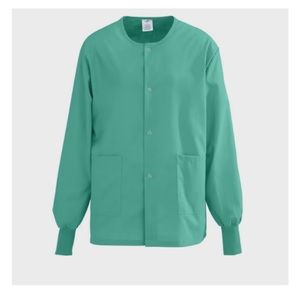 Jade color button up scrub jacket with two pockets.